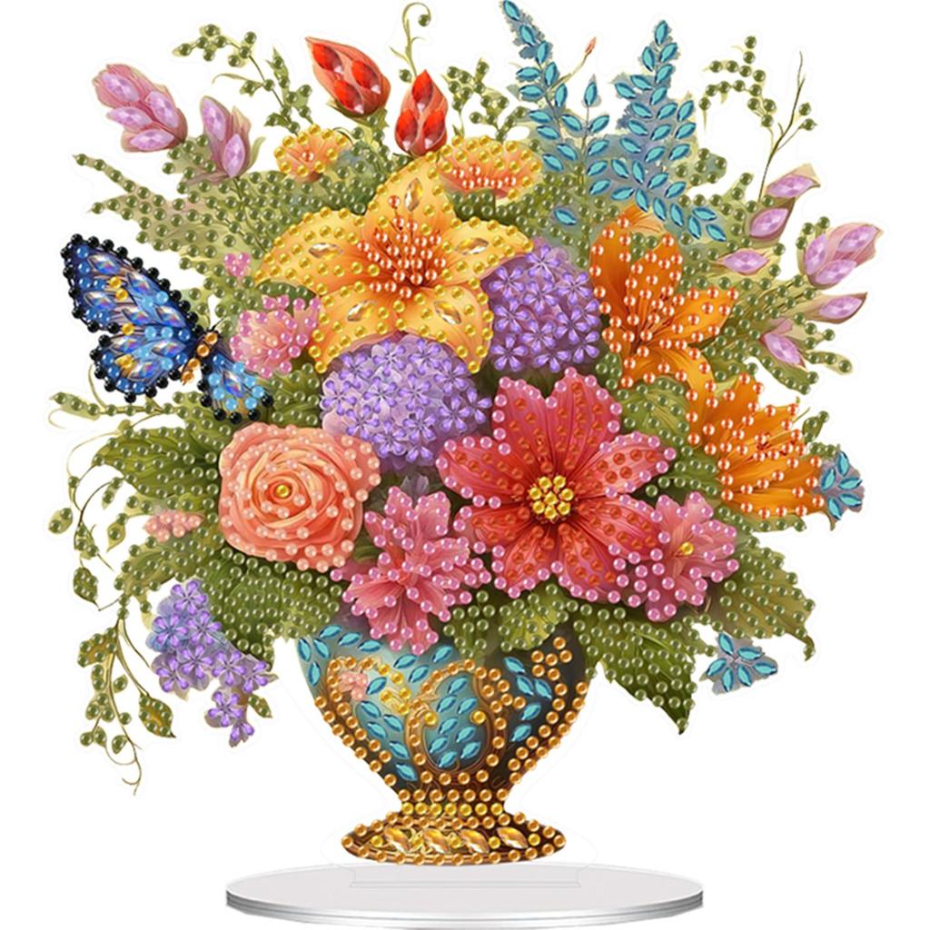 Acrylic Rose Lily Butterfly Flower Vase Desktop Diamond Art Kits Diamond Painting Desktop Ornaments Kit Home Bedroom Decoration
