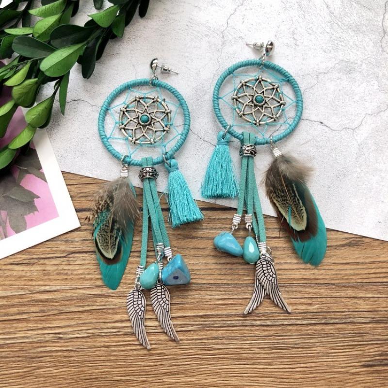 Bohemian crystal dream catcher net element feather earrings women's retro exaggerated temperament long fringed vacation earrings