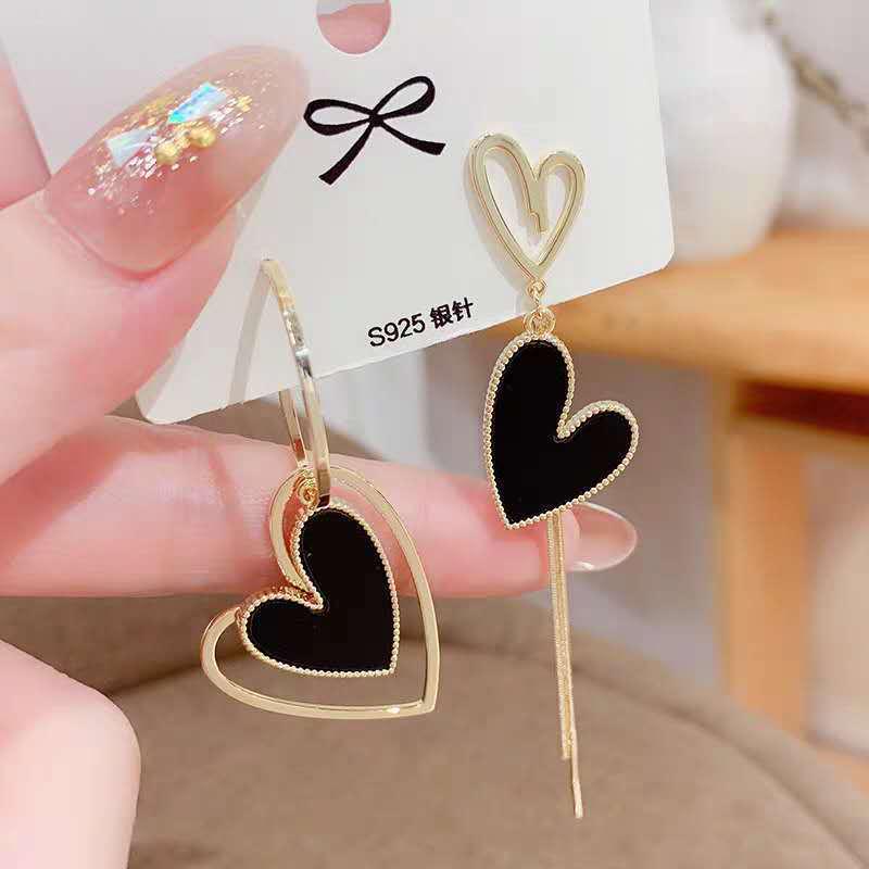 Elegant Korean Asymmetrical Tassel Heart Earrings in 925 Silver