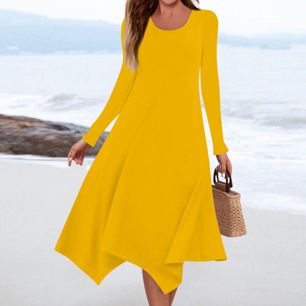 Women's Casual Fashion Round Neck Long Sleeve Solid Color Irregular Hem Midi Dress