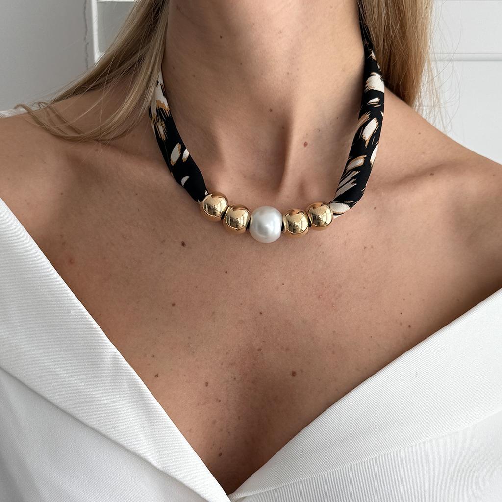 Vintage Leopard Print Silk Scarf Flannel Knotted Necklace Female, Creative Imitation Pearl Ccb Beaded Neck Chain Necklace