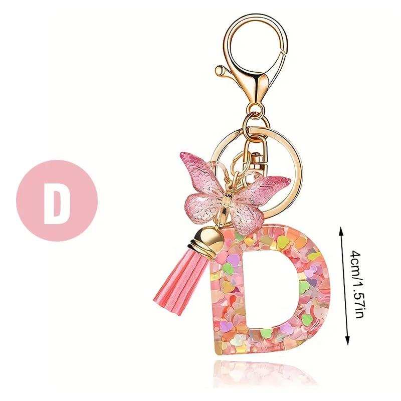 A-Z Dreamy Letters Keychain for Women Tassels Butterfly Pendant Initial Keyrings Purse Suspension Bags Car Key Chain Pink