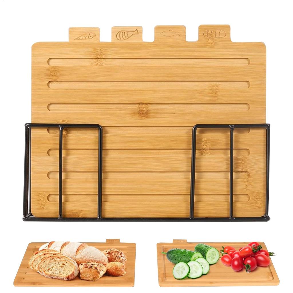 Cutting Boards with Holder Sets for Kitchen Wood Chopping Block for Meat Fish Vegetables Food Chopping Wood Boards Set