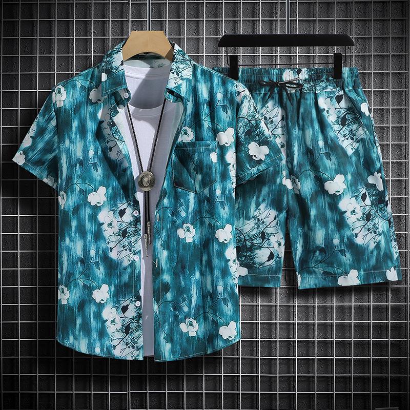 Herren Retro Blumen Kurzarm Hemd Set - Hainan Strandmode, Sanya & Hawaii Stil