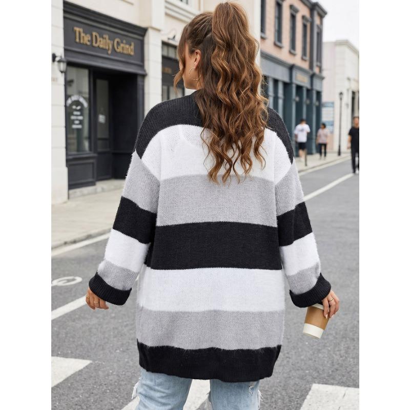 Women Plus Size Striped Color Block Open Front Knit Cardigan Sweater Coat
