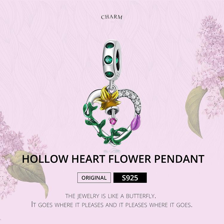 WOSTU 925 Sterling Silver Zircon Hollow Heart Flower Charm Pendant for Women DIY Original 3MM Bracelet Jewelry