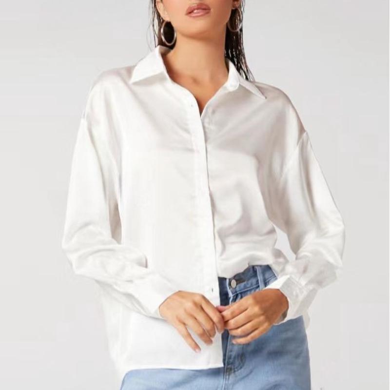 Camisas Casuales Holgadas de Manga Larga de Moda para Mujer Primavera y Verano Nuevo Blusas Tops de Oficina para Señoras Abotonadas Solapa Sólido Simple Slim Camisa de Mujer 26257