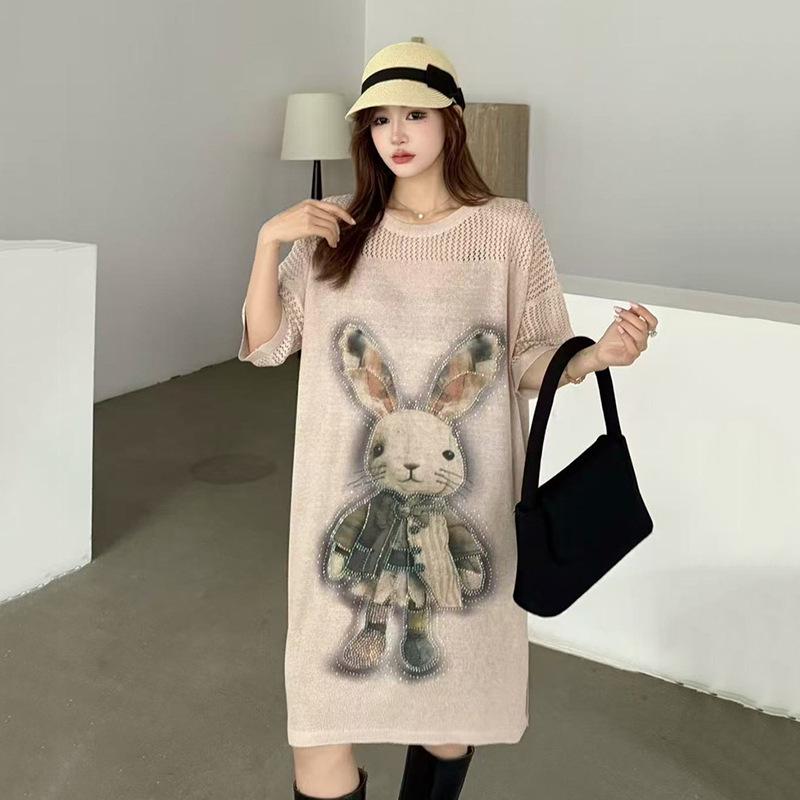 

Plus Size Summer Ice Silk Cartoon T-Shirt Dress 2025 - Short Sleeve, Loose Fit One Size (85-170 jin)