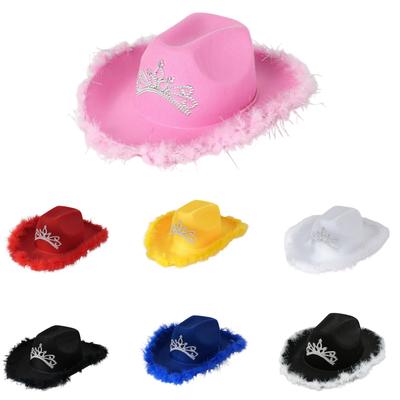 Chapeaux hauts de forme de cow-boy américain pour hommes et femmes, décoration en strass couronne industrie lourde, décoration en plumes duveteuses chapeaux de fête de mariage