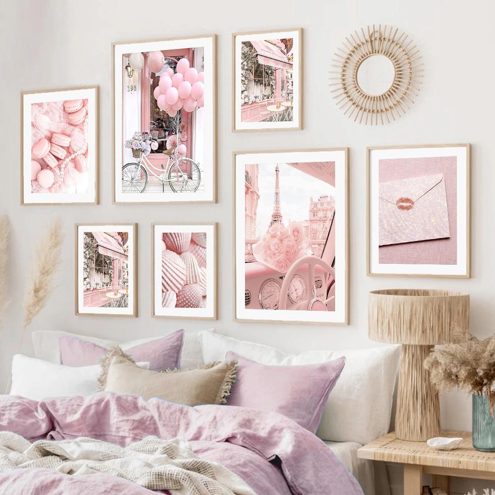 Pink Modern City Wall Art Plakát Tisk Květina Balón Móda Pařížská věž Obraz na plátně Dekorace Obraz pro domácí dekoraci