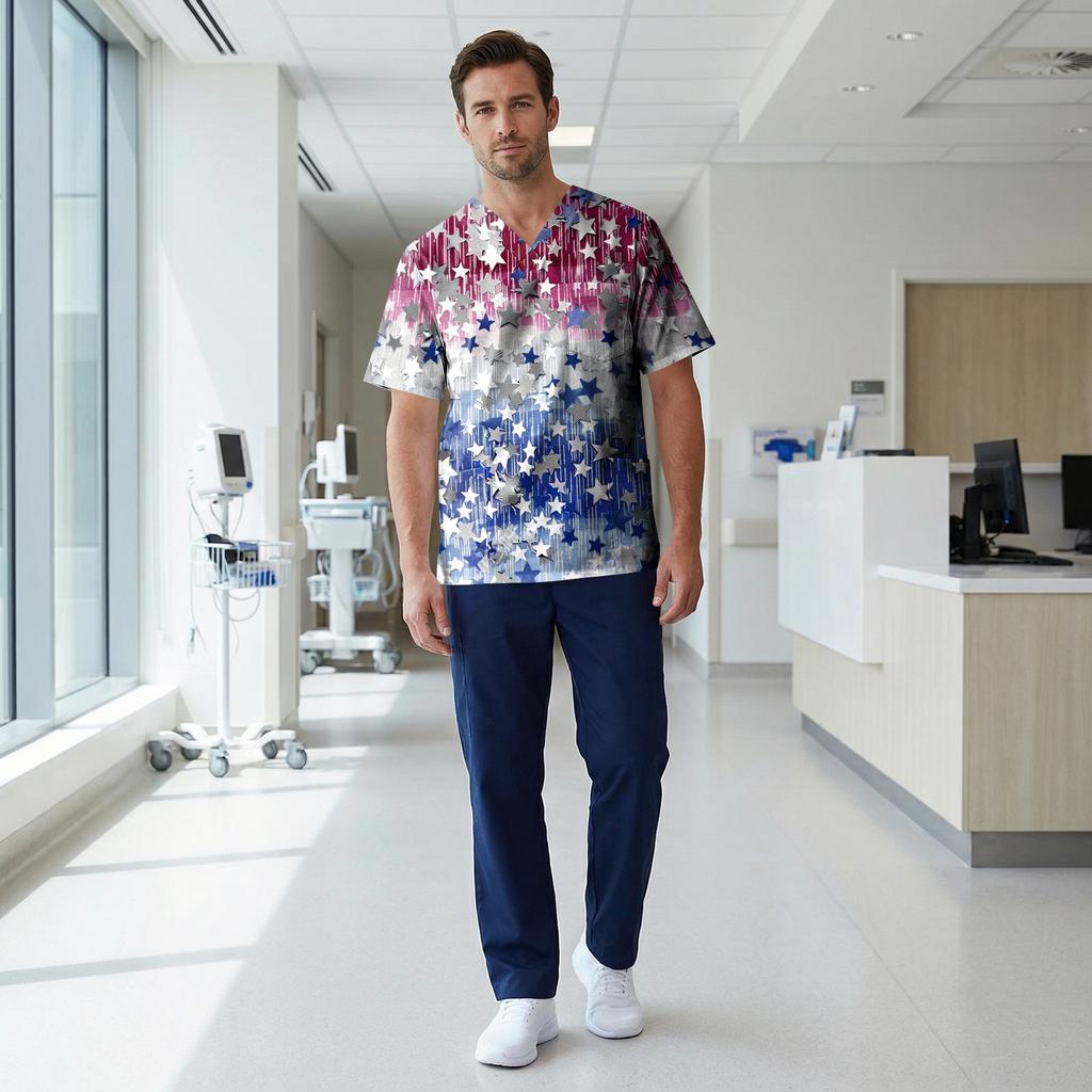 Men's Short Sleeve V-Neck Print Chest Pocket Care Top