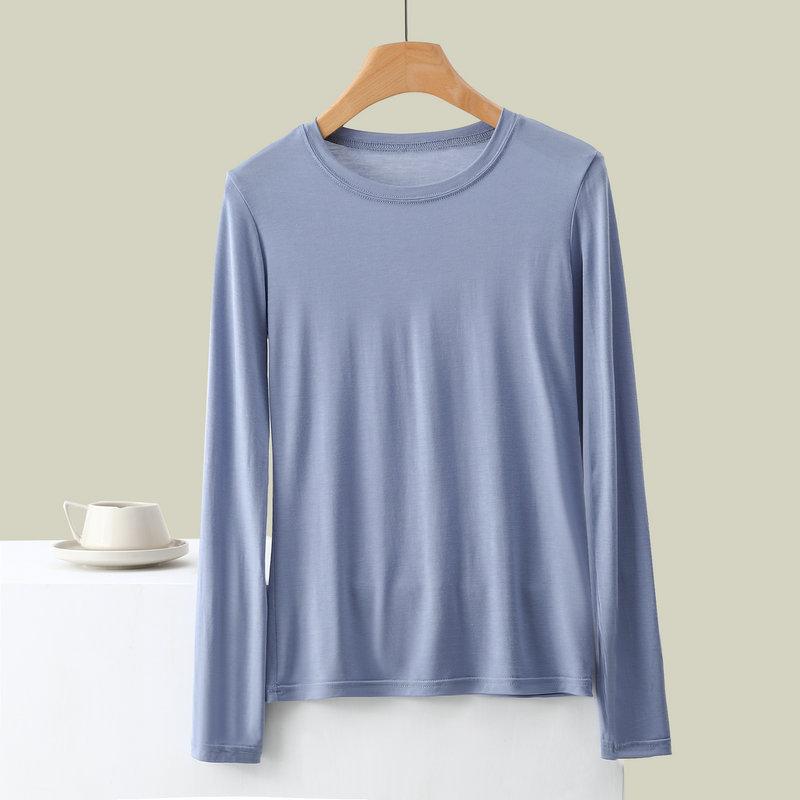 Women's Crew Neck Long Sleeve Tee Slim Fit Commuter Casual Top Solid Rayon Spandex Summer Undershirt Basic Layering Shirt