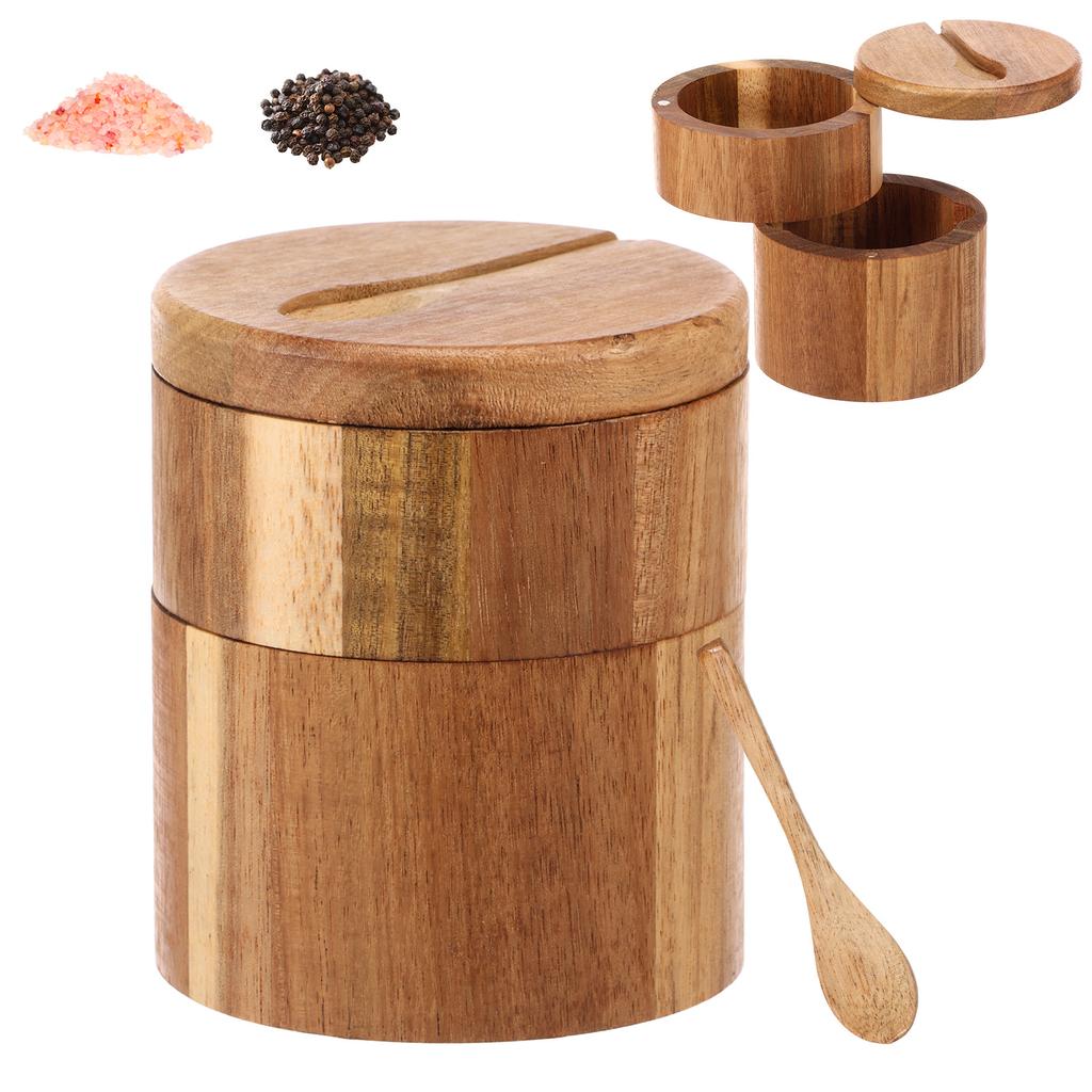 2 Layer Salt Seasoning Jars Pepper Jar Bamboo Condiment Box Bowl Storage Pot Wood Sugar Container Holder Lid Function Multi Bowl
