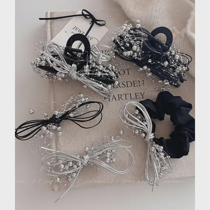 High-end Silver Ball Chain Bow Hair Clip Set