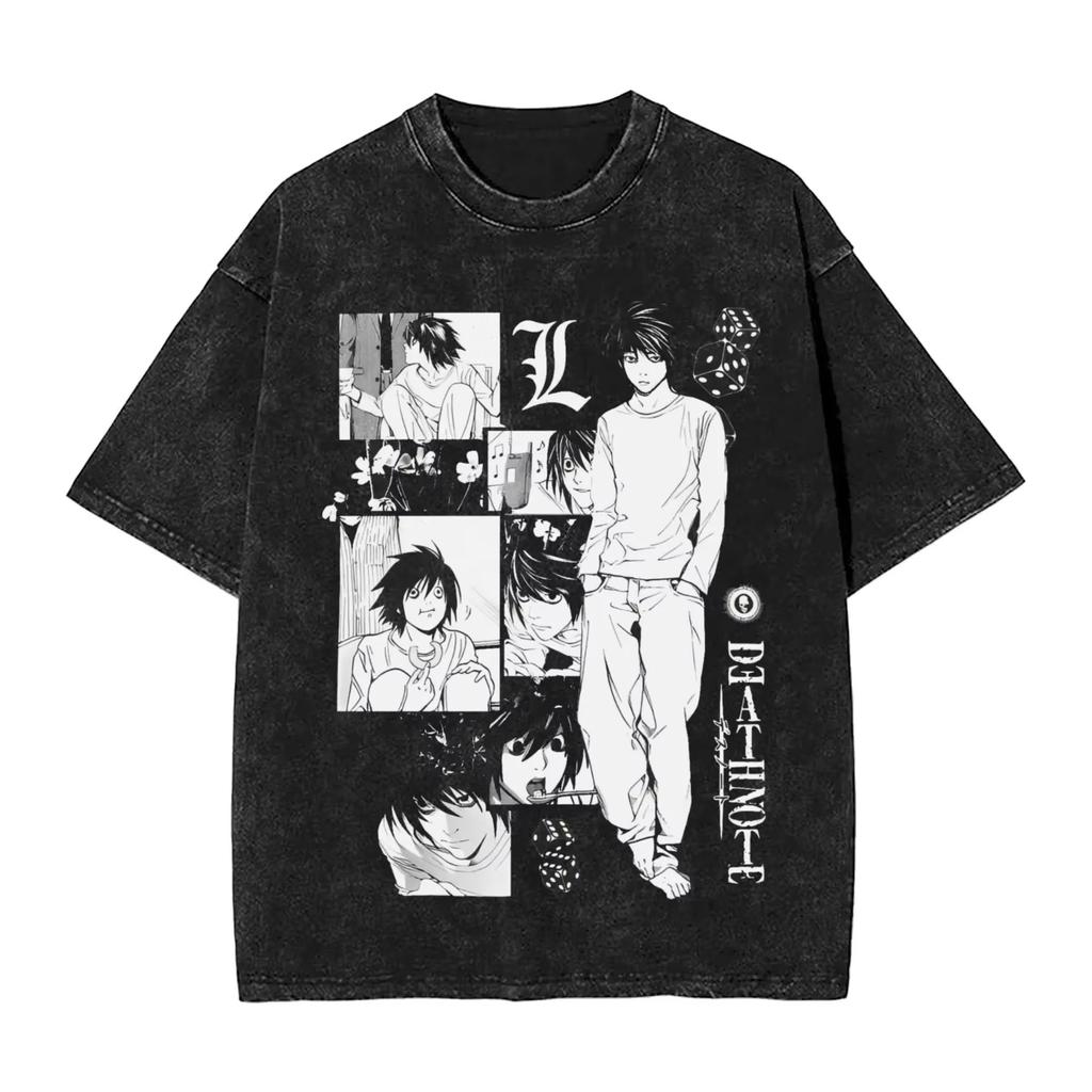 Harajuku Y2K DEATH NOTE Graphic Print T-Shirt, Washed Oversize Cotton Unisex Tee Vintage Streetwear Casual Short Sleeve Tops for Men Women
