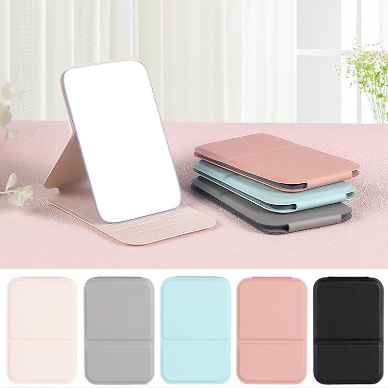 Desktop Makeup Mirror Solid Color Pu Leather Simple Portable Handheld Makeup Mirror Foldable Student Compact Cute Pocket Mirror