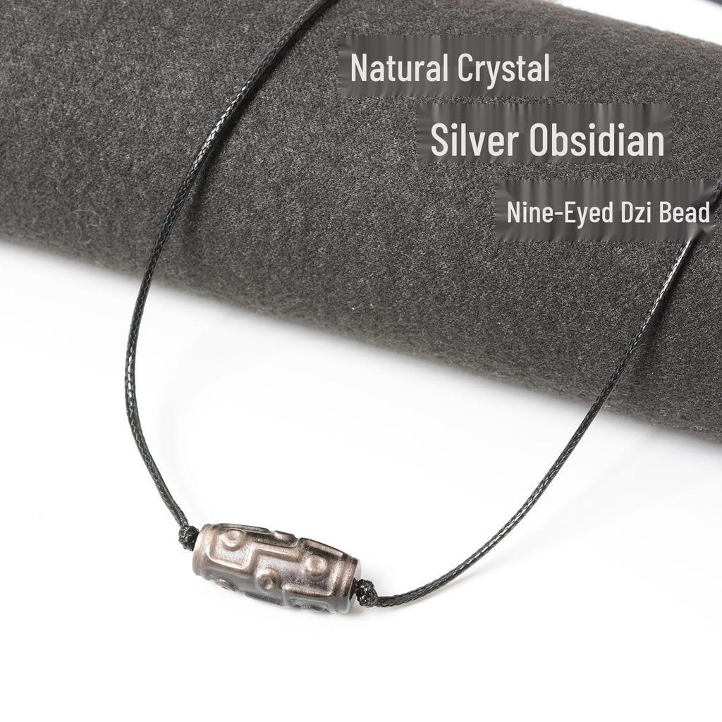 Women's Silver-Luster Obsidian Nine-Eyed Dzi Pendant Necklace with Adjustable Cord