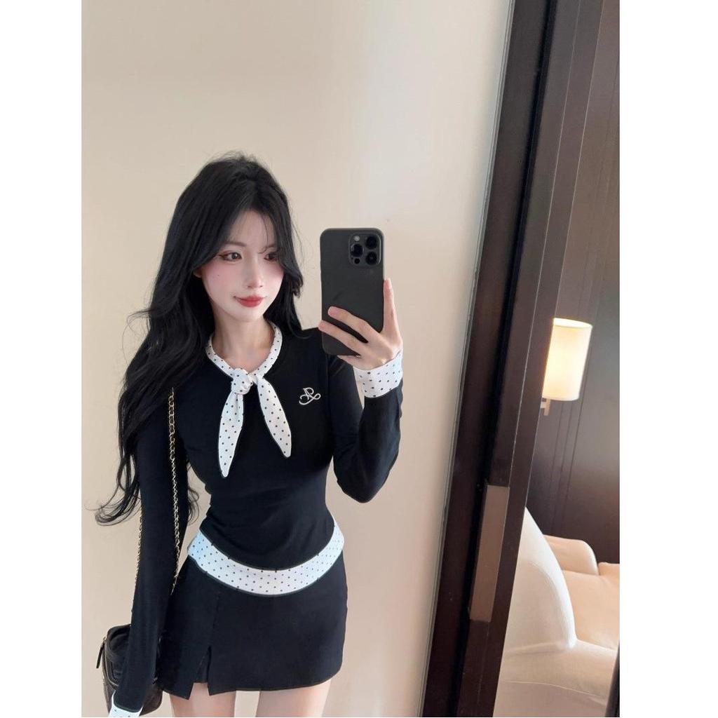Korean Style Black Polka Dot Patchwork Long Sleeve Women's Velvet T-shirt, Autumn Slim Fit Fake Two-Piece Top
