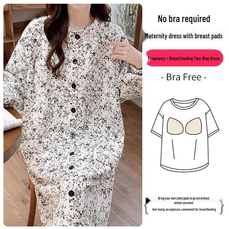 Umstandspajamakleid aus Luftbaumwolle für Herbst/Winter - Übergröße für pränatale, Krankenhaus- und postpartale/Stillzeit-Nutzung