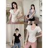 Design Sense Irregular Hem Scheming V-neck Short-sleeved T-shirt Women's Summer Pure Desire Wind Dopamine Gray Base