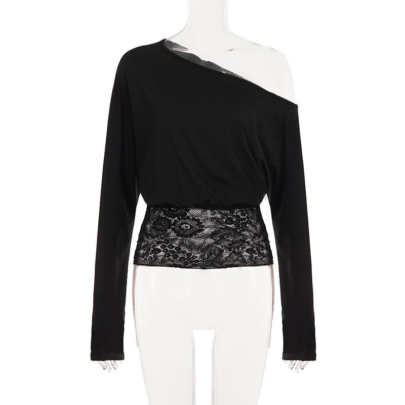 European & American One-Shoulder Lace Patchwork See-Through Cropped T-Shirt