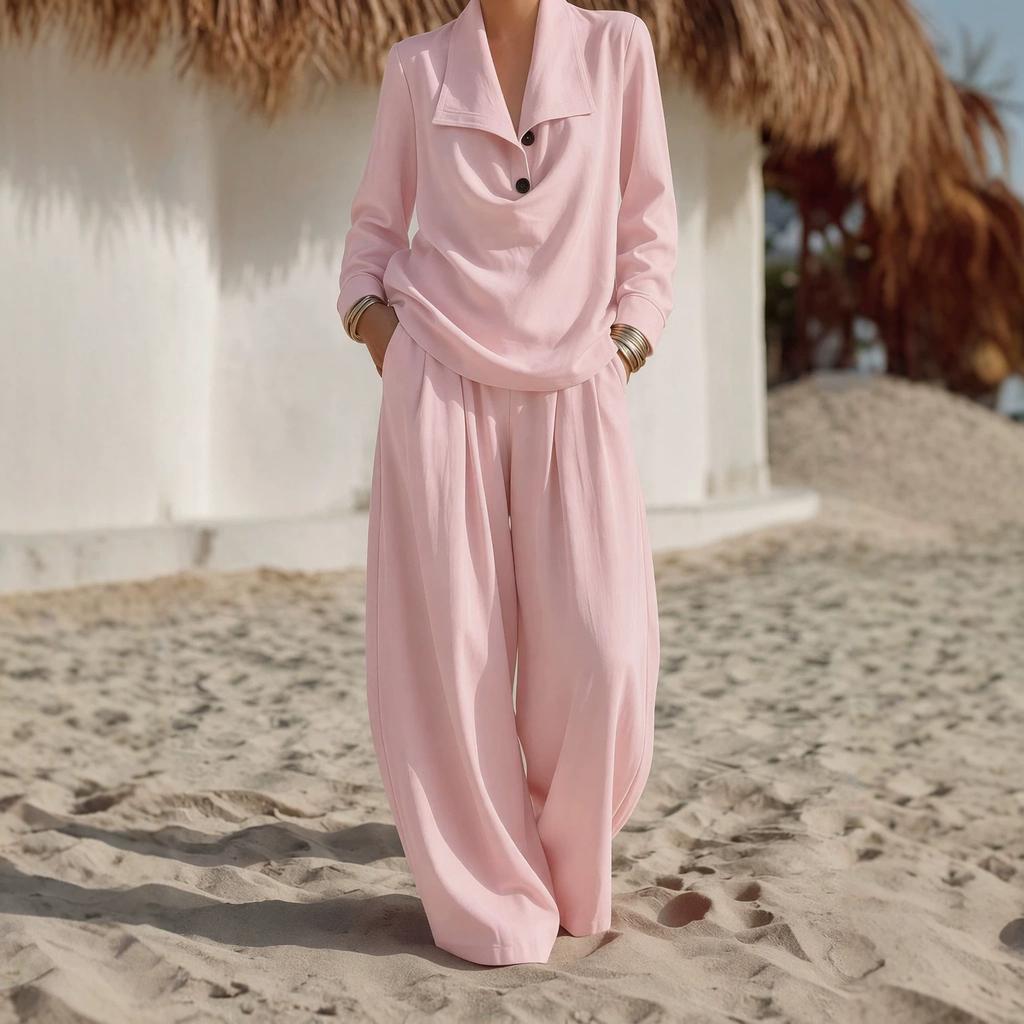 Women's Lapel Button Down Long Sleeve Top and Wide Leg Pants Set Solid Color Casual Two Piece Outfit