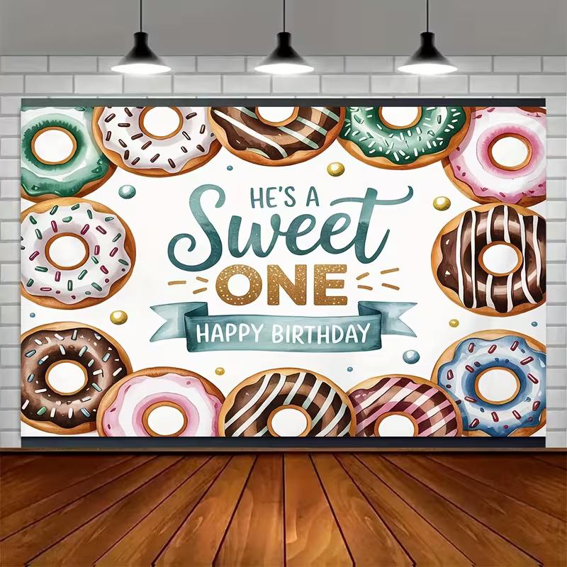 2D Sweet One Donut Themed Backdrop, 1st Birthday Party Photography Background Banner