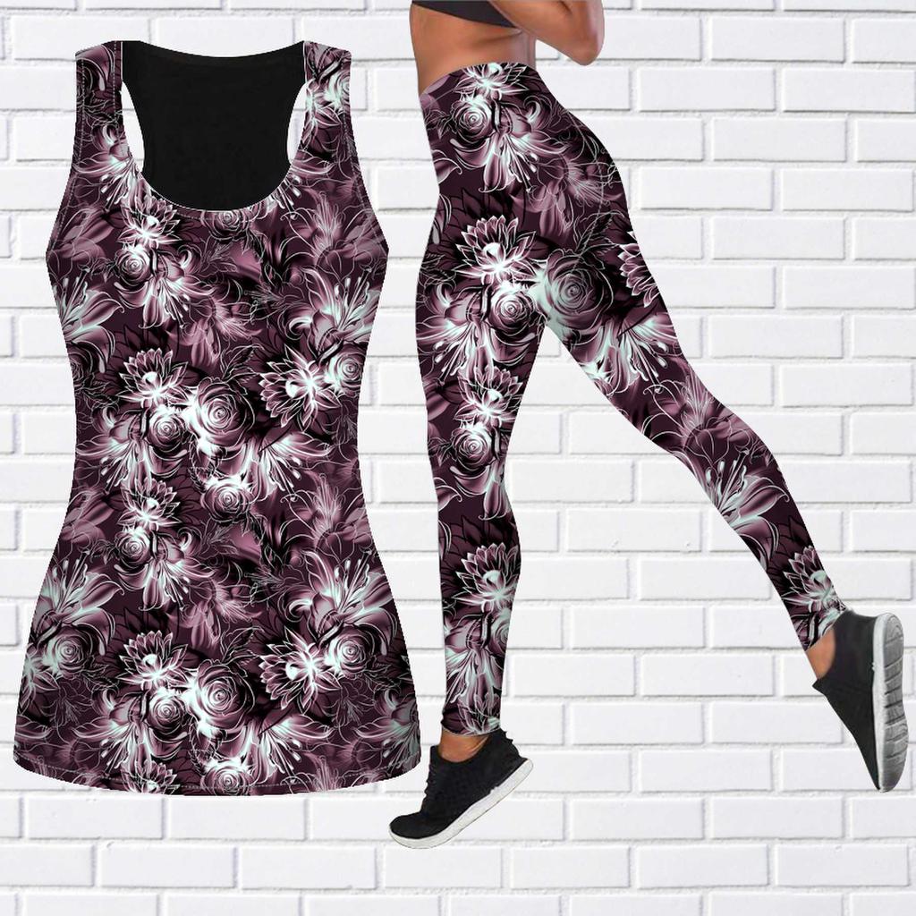 Flower Sea Rose Print Yoga Outfit for Women Fashion Workout Leggings Fitness Sports Casual Yoga Pants