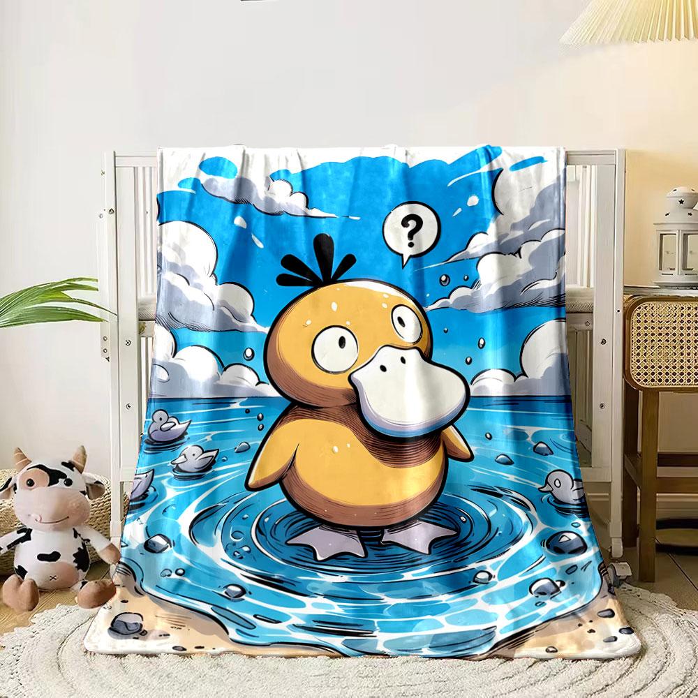 A confused cartoon duck stands in water, surrounded by ripples and clouds. for all seasons blanket lunch break throw gift 80cm x 120cm
