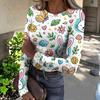 Women's And Winter Slim T-shirt Fashion Casual Printing Round Neck Pullover Long Sleeve Top