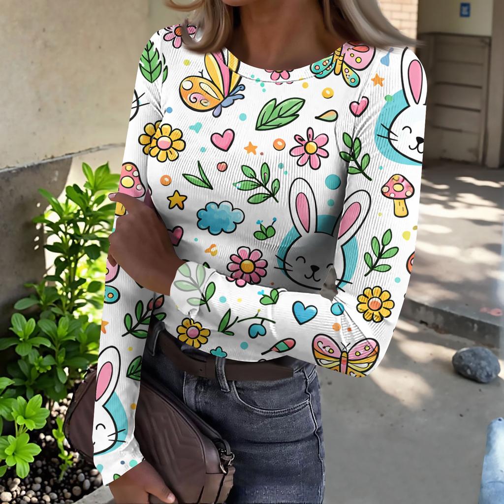 Women's And Winter Slim T-shirt Fashion Casual Printing Round Neck Pullover Long Sleeve Top