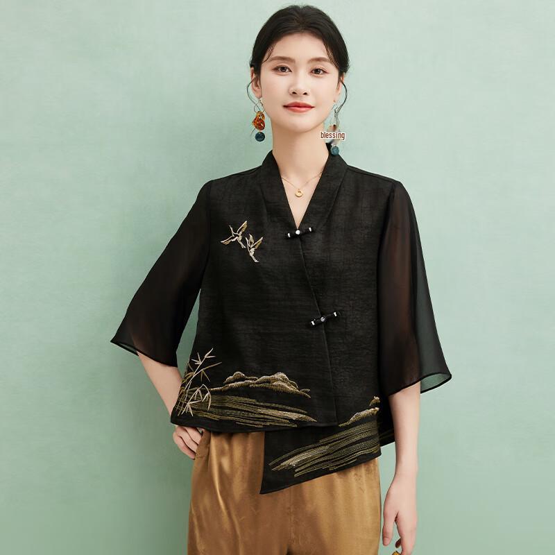 Women s Mulberry Silk Crane Embroidery New Chinese Style Long Sleeve Shirt M