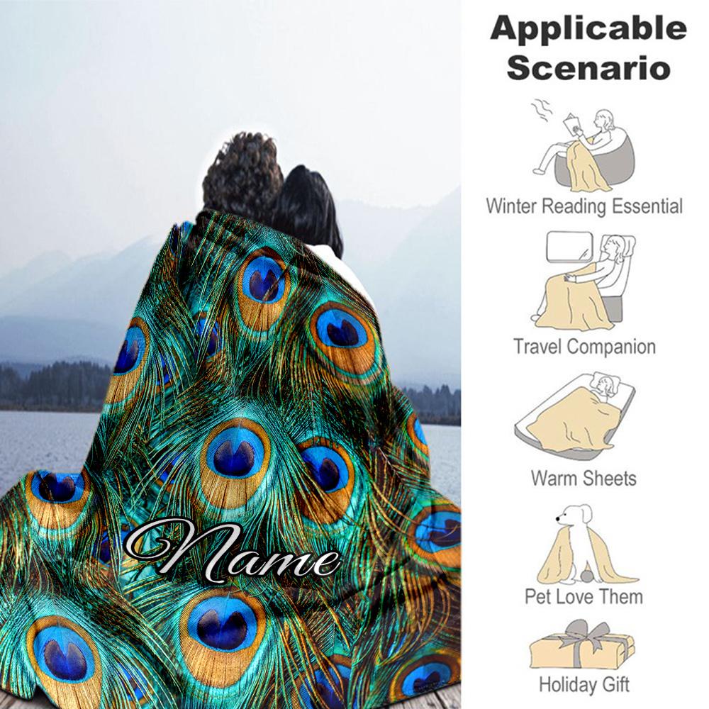 Peacock Feather Customize Your Name Blanket Throw Customizable Blanket Durable Comfort Versatile for Sofa Picnics Office Chair Nap