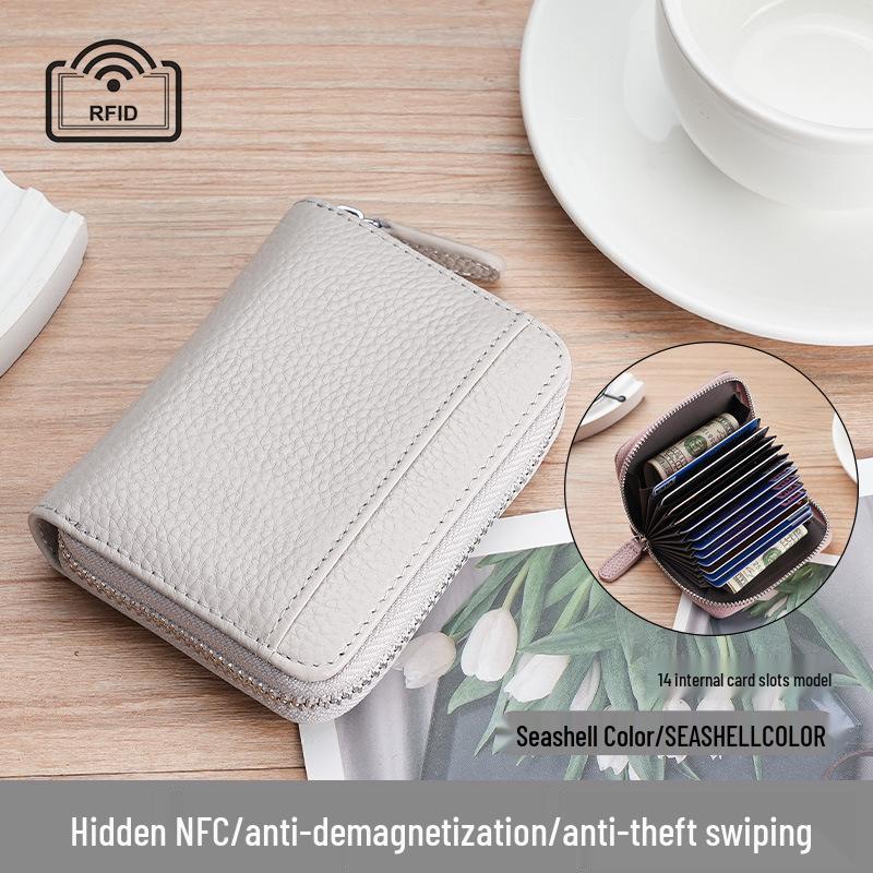 Women's Genuine Leather Zipper Card Holder - Anti-Demagnetization Multi-Slot Accordion Style