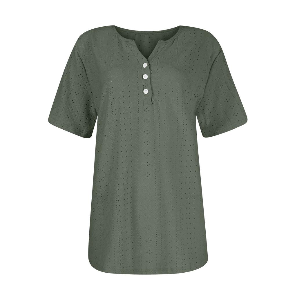 Damen T-Shirt Tee Lässiges V-Ausschnitt Kurzarm T-Shirt Knopfleiste Top