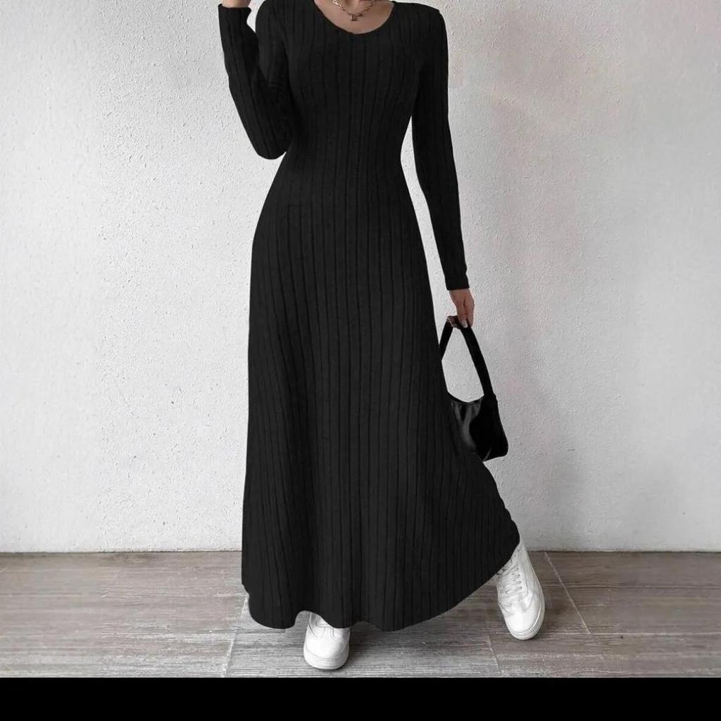 Fashionable Knitted Long Sleeve A- Line Streetwear Dress Women Smooths and Slims Your Silhouette Solid Color Long Dress