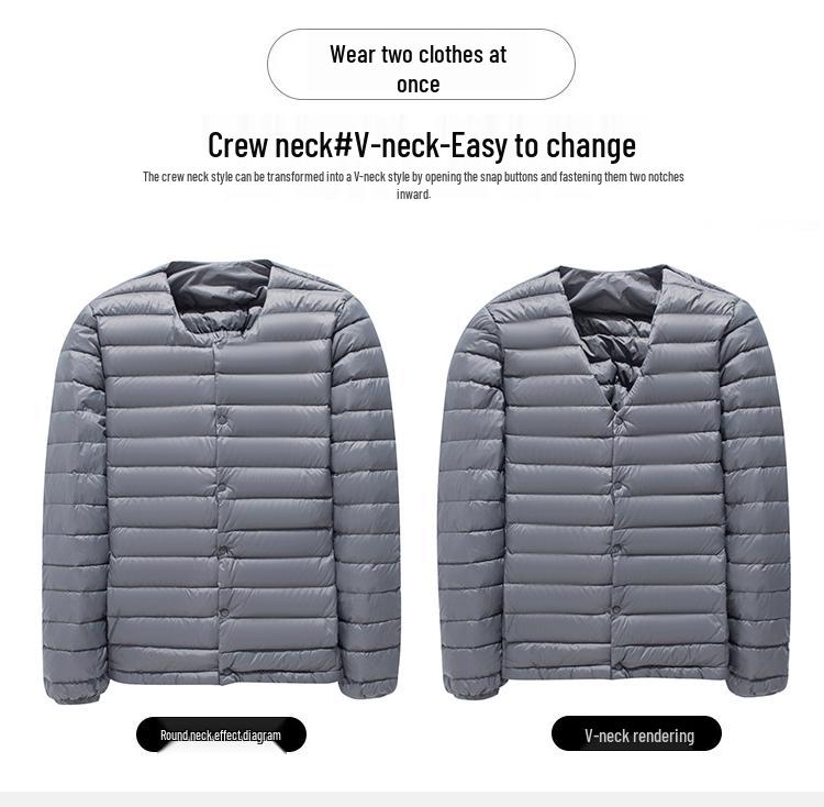 Pánská lehká péřová bunda bez límce 2024 - Crew/V-výstřih, nadměrná velikost, teplá vnitřní vrstva