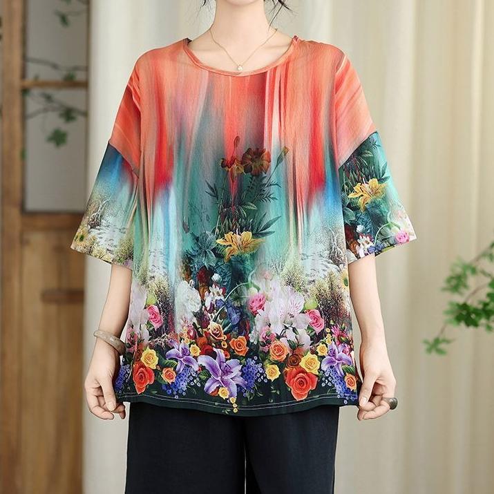 Women's Cotton Linen Printed T-Shirt Summer Thin Short Sleeve Loose Round Neck T-Shirt Top