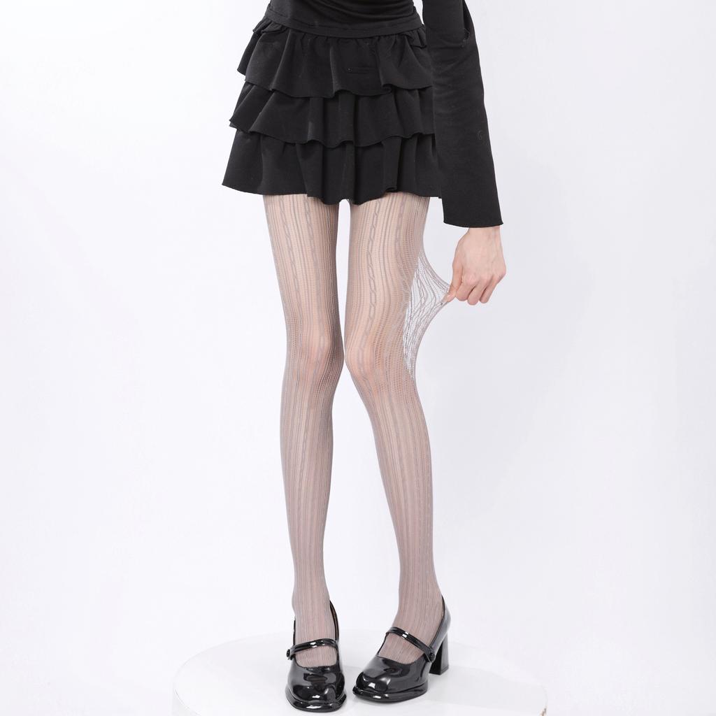 Sexy Hollow Lace Fishnet Socks American Stockings Retro Coffee Vertical Striped Pantyhose Women With Leg Covers
