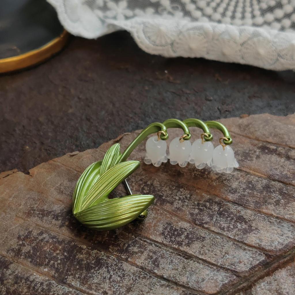 Vintage Lily of the Valley Pendant Brooch with Handmade Enamel Leaves Corsage Pin.