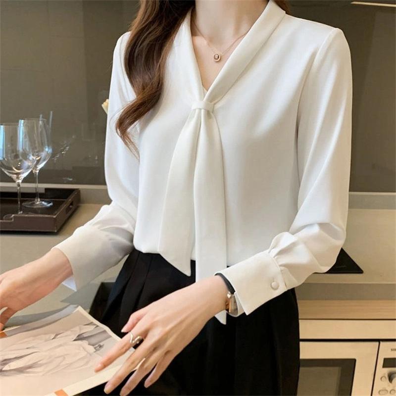 Women Spring Summer Style Blouses Shirts Lady Casual Long Sleeve Bow Tie Collar White Color Blouses Shirts