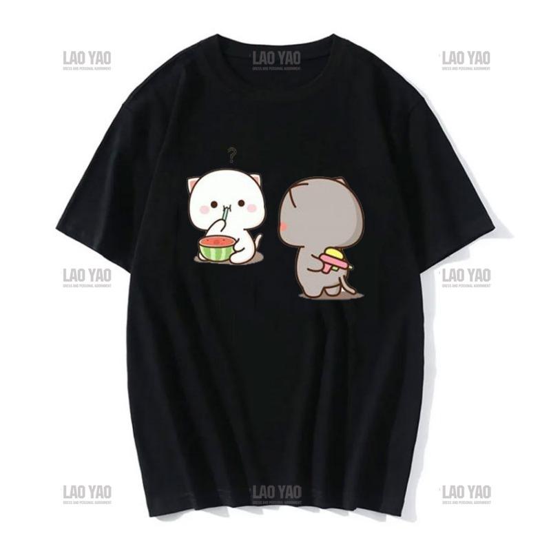 Lovely Peaches and Ash Ash T Shirt Szary Przyznaj się do błędu T-shirt Super słodki brzoskwiniowy kot kreskówka para nadruk T-shirt Unisex Unisex Topy Unisex