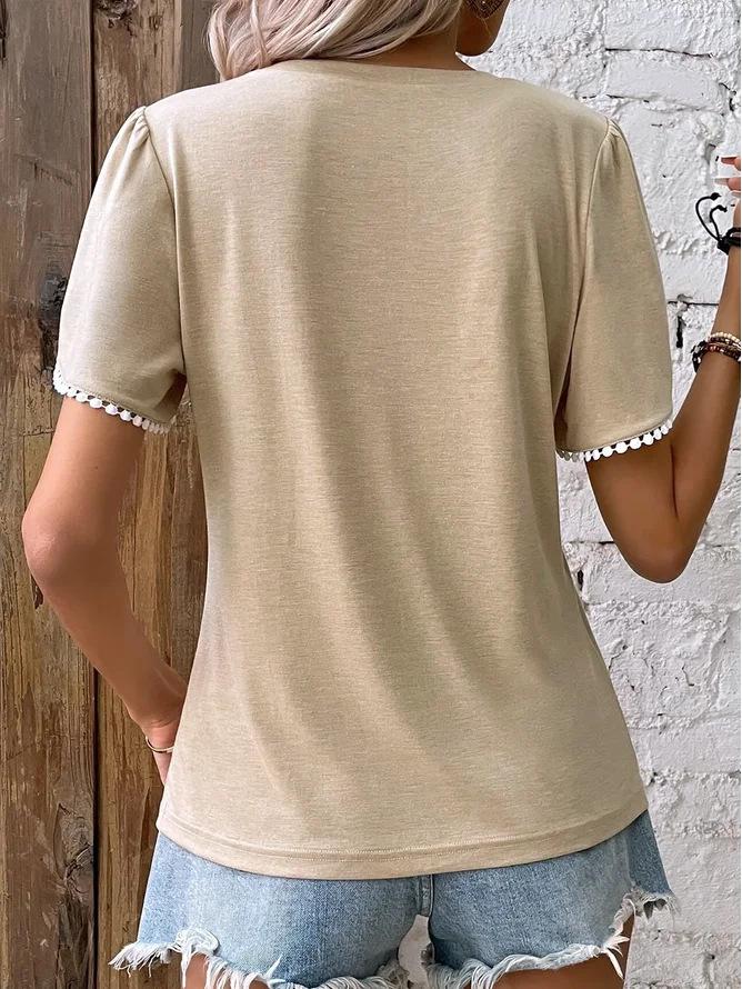 2023 Summer Women's Round Neck Pleated Lace Casual T-shirt