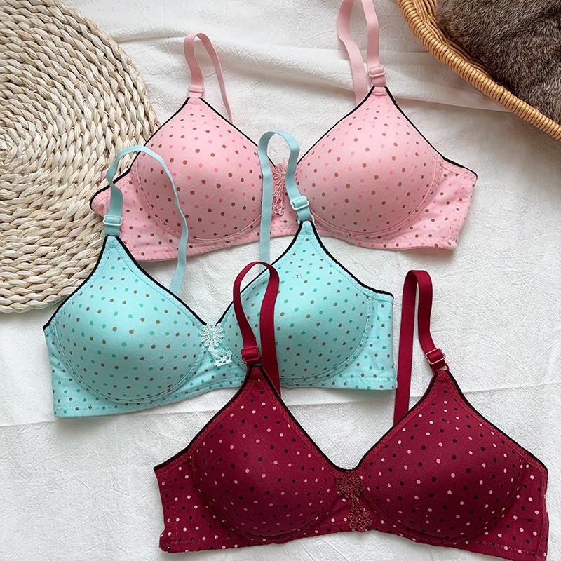 Polka Dot Wireless Push-up Bra - Women's Comfort with Two Rows of Hooks