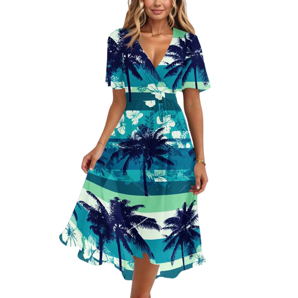 Vestido Casual de Mujer con Cuello en V de Manga Corta, Estampado Floral Vintage, Largo hasta la Rodilla, Ligero para Verano, con Falda Acampanada y Corte Relajado