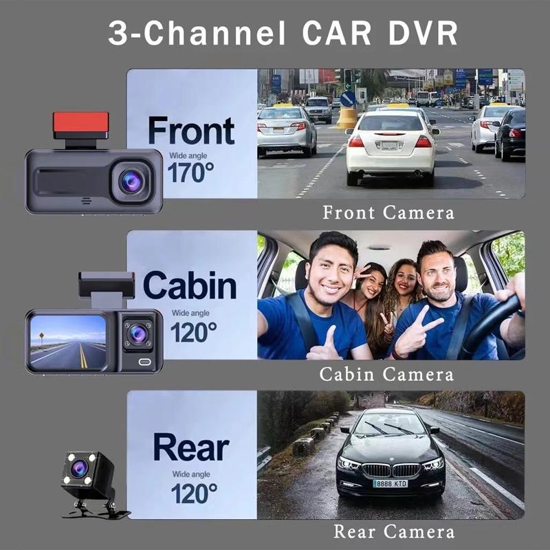 3 Camera Lens Car DVR 3-Channel Dash Cam HD 1080P Dash Camera Dual Lens Dashcam Video Recorder 2.0 inch IPS Screen