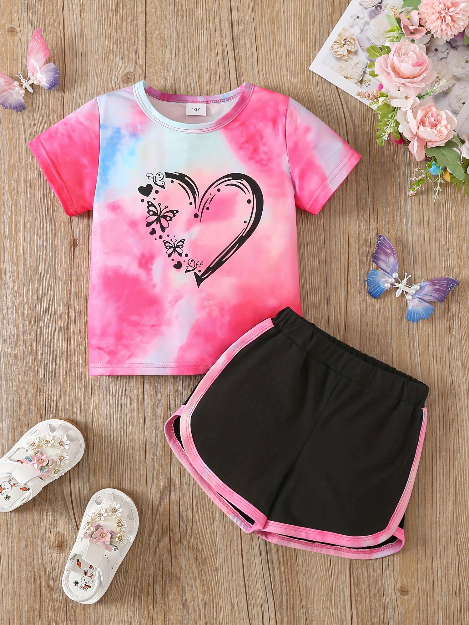 Girls Summer Outfit New Tie Dye Heart Print Short Sleeve Top  Shorts Set Casual Style 4Y