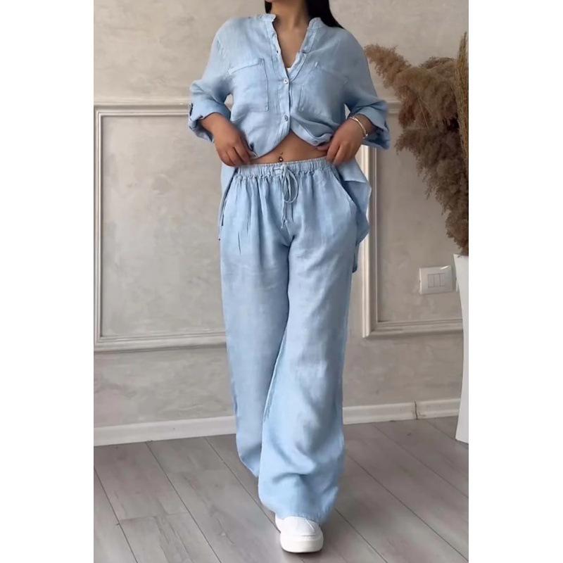 2024 Women's Solid Color Long-Sleeve Shirt & Wide-Leg Pants Set