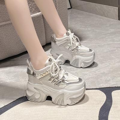 Mode 10CM Nouveau Printemps 2024 Femmes Baskets Compensées Talons Lacets Plateforme Haute Chaussures de Sport Femme Chaussures en Maille Respirante Baskets en Cuir