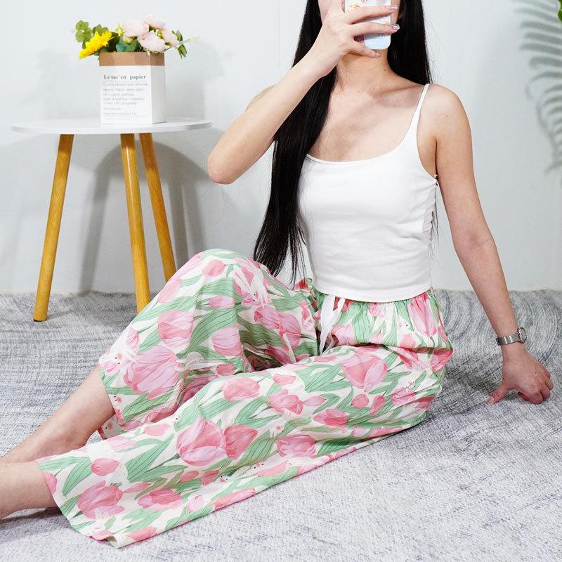 Women's Summer Cotton Silk Nine-Point Wide-Leg Pajama Pants - Plus Size, Loose, Breathable, Cooling, Ideal for Beach and Air Conditioning Comfort